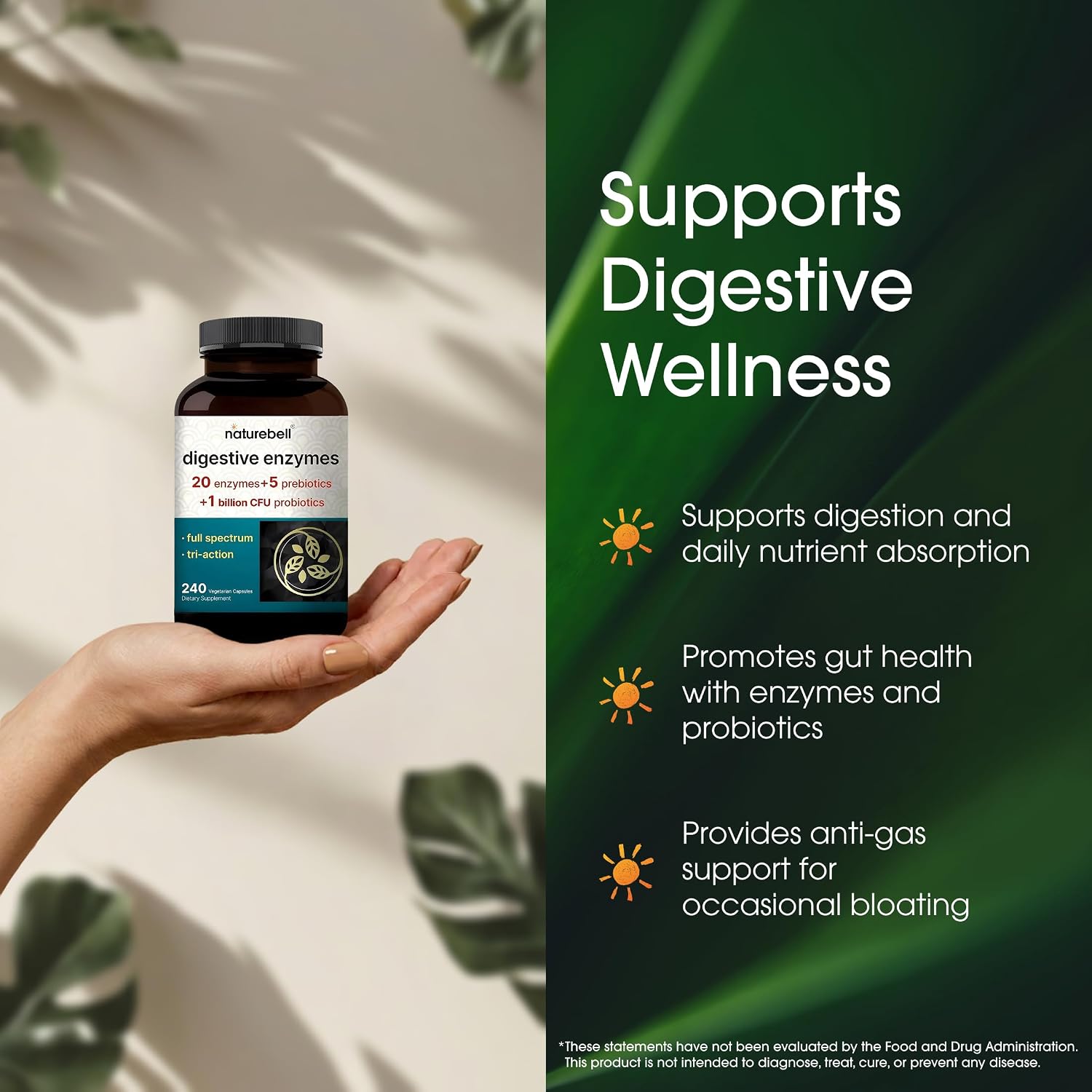Enzimas Digestivas con Probióticos y Prebióticos – 240 Cápsulas Vegetales – NatureBell
