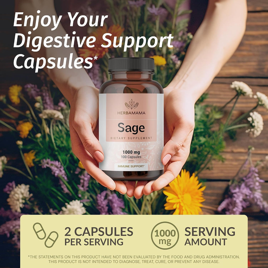 Cápsulas de salvia 1000 mg de apoyo natural digestivo e inmunológico - Antioxidante vegano - HERBAMAMA