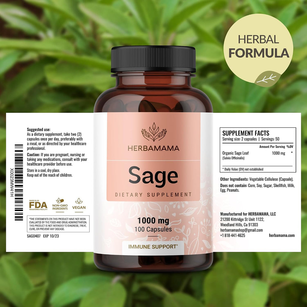 Cápsulas de salvia 1000 mg de apoyo natural digestivo e inmunológico - Antioxidante vegano - HERBAMAMA