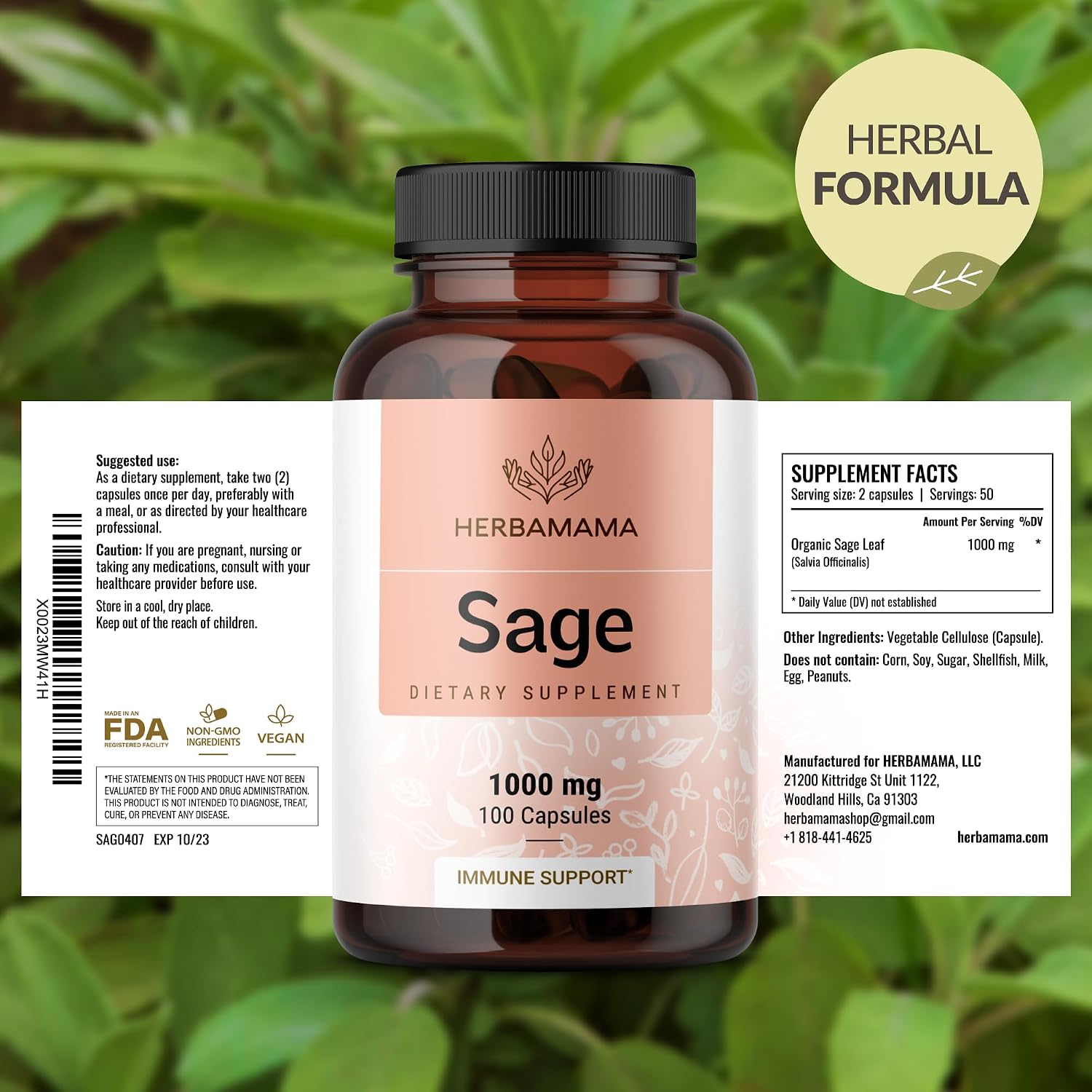 Cápsulas de salvia 1000 mg de apoyo natural digestivo e inmunológico - Antioxidante vegano - HERBAMAMA