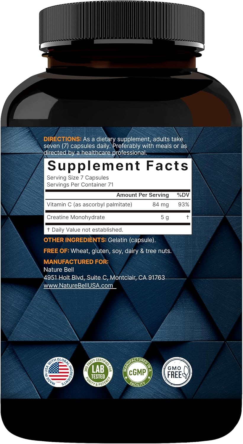 Creatina Monohidratada 5.000 mg por porción – 500 Cápsulas – NatureBell