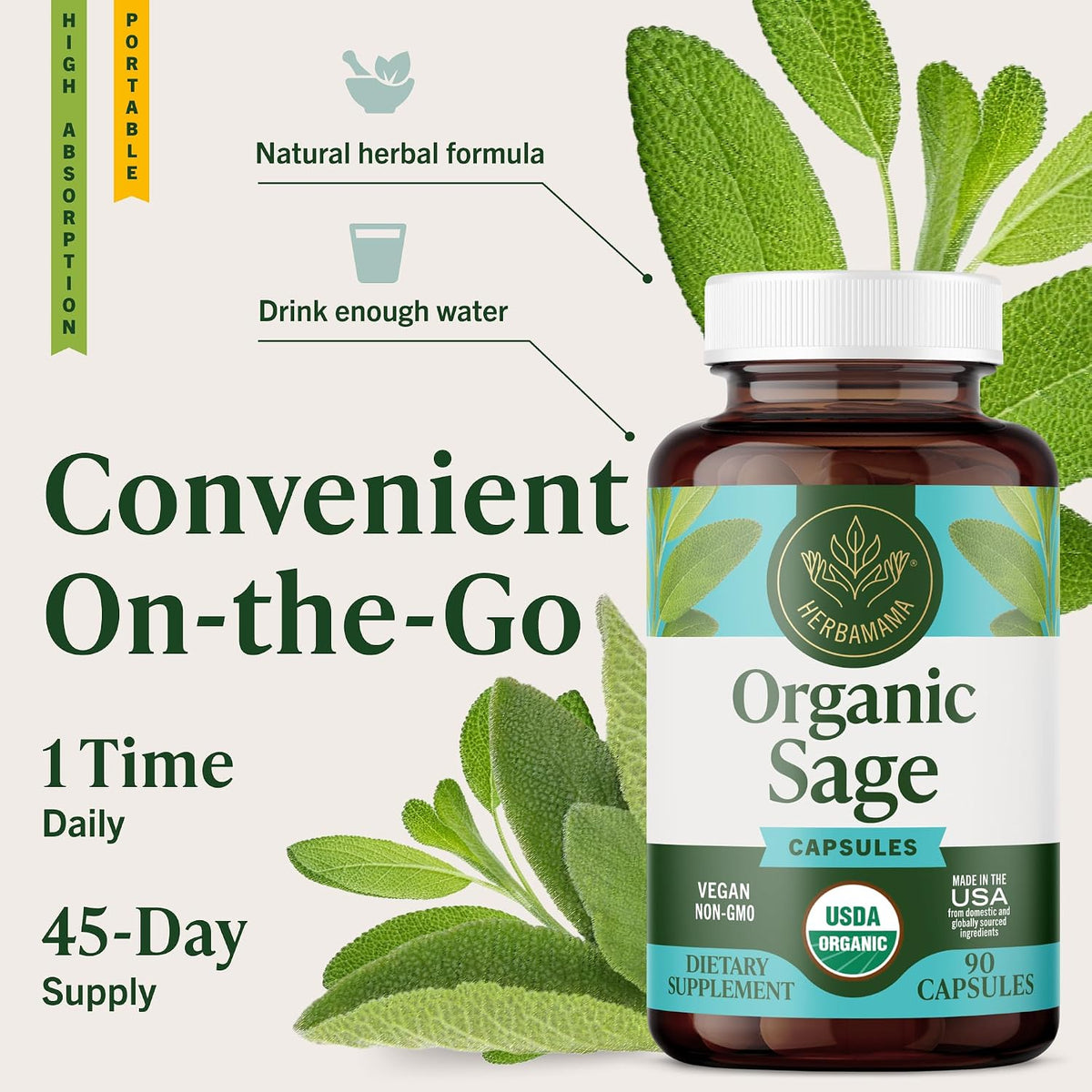 Cápsulas de salvia 1000 mg de apoyo natural digestivo e inmunológico - Antioxidante vegano - HERBAMAMA