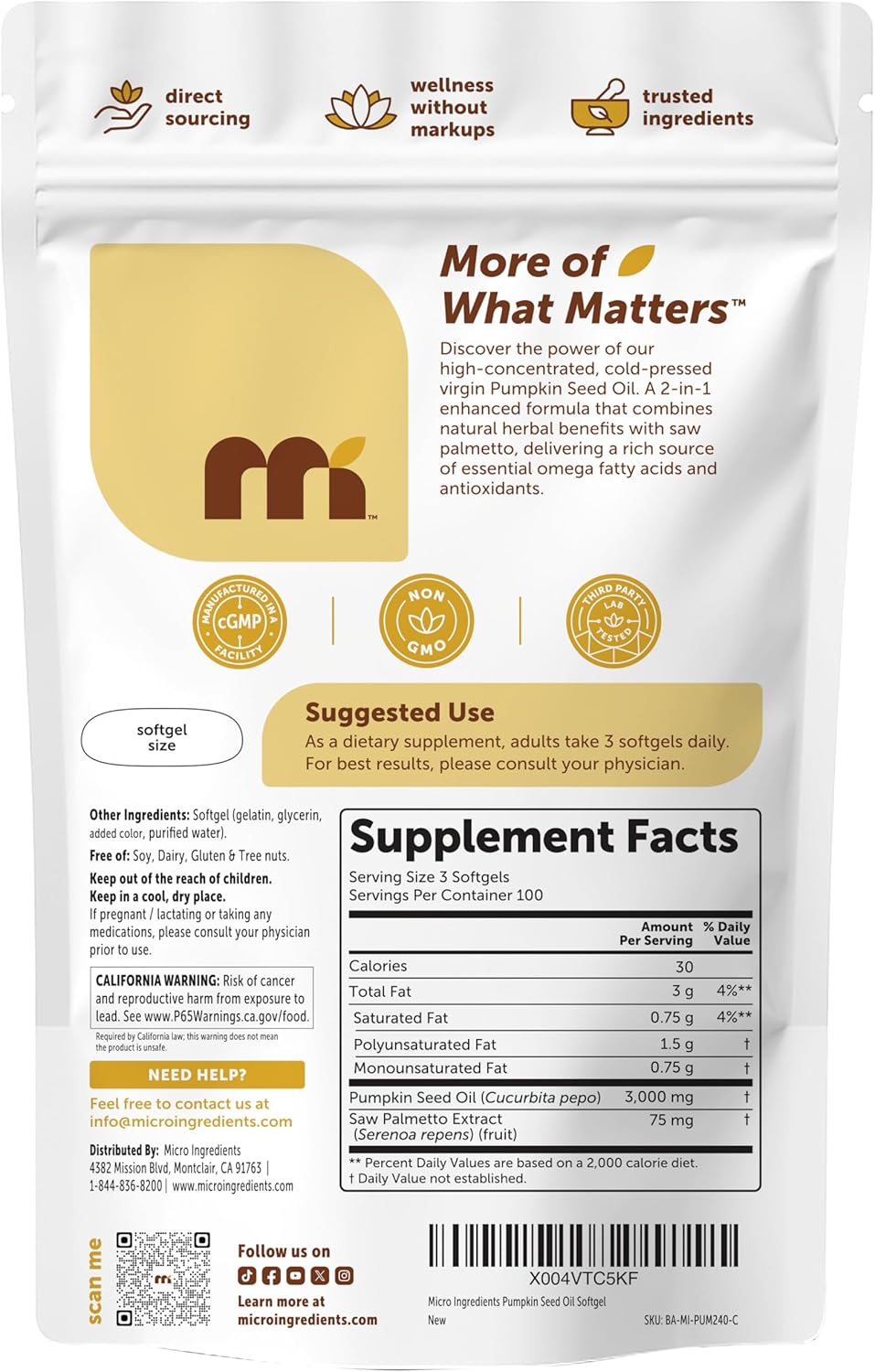 Aceite Virgen de Semilla de Calabaza con Saw Palmetto 3000 mg por porción - Microingredients
