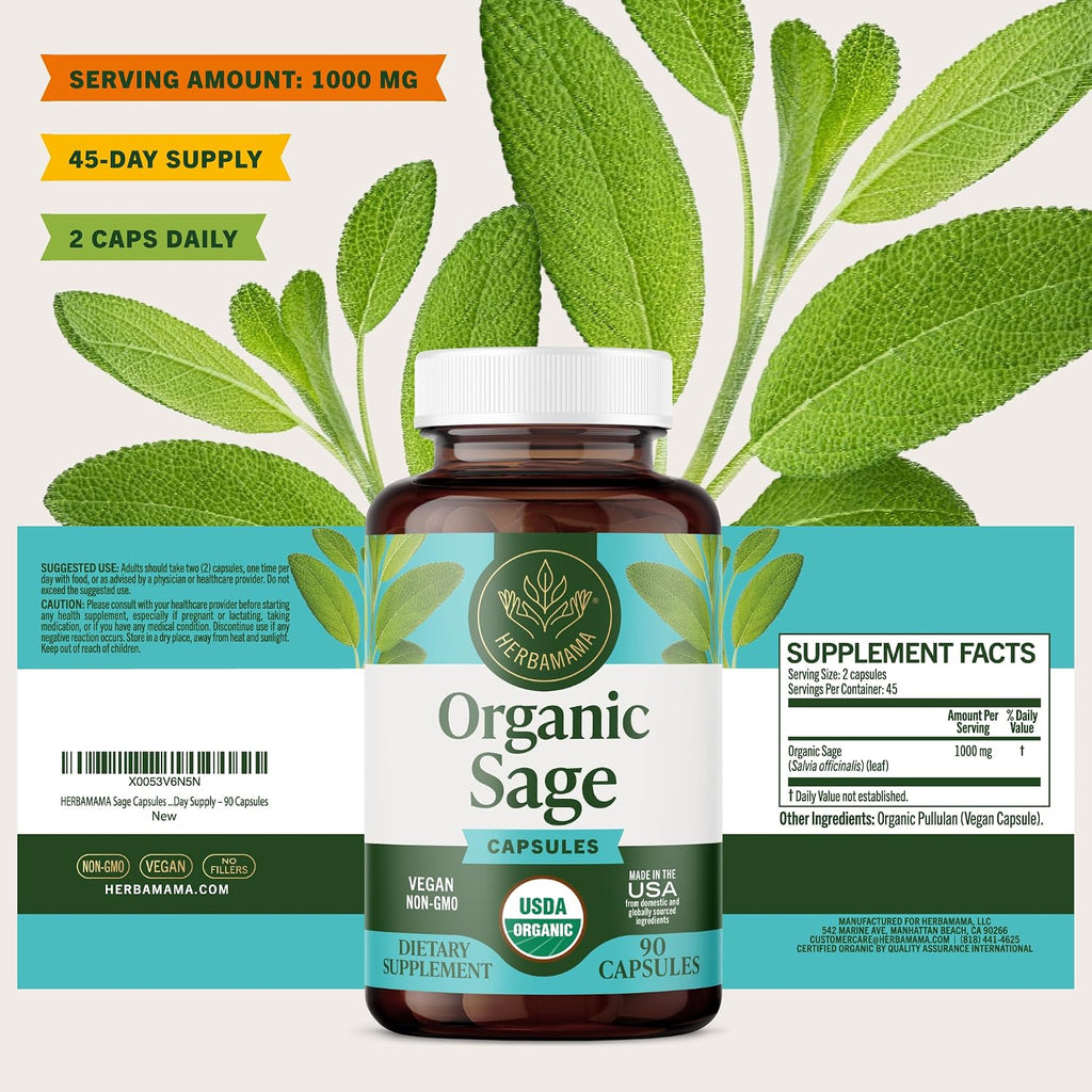 Cápsulas de salvia 1000 mg de apoyo natural digestivo e inmunológico - Antioxidante vegano - HERBAMAMA