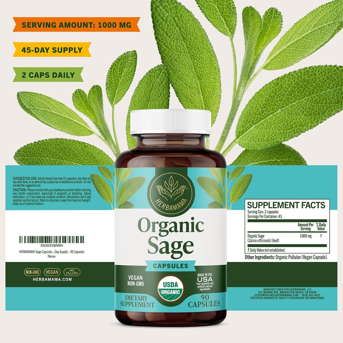 Cápsulas de salvia 1000 mg de apoyo natural digestivo e inmunológico - Antioxidante vegano - HERBAMAMA