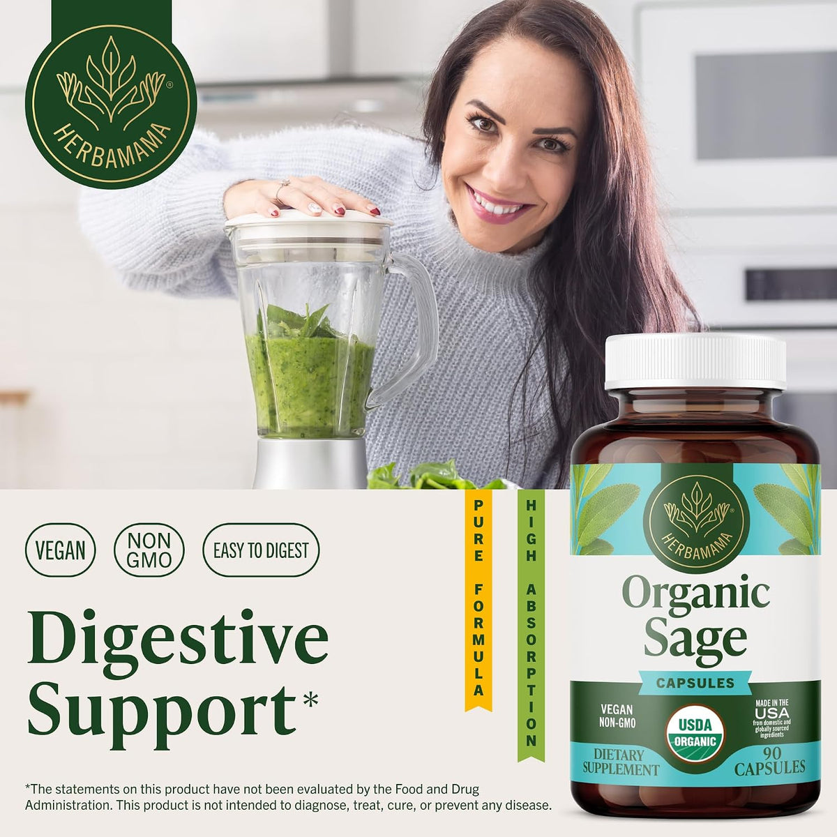 Cápsulas de salvia 1000 mg de apoyo natural digestivo e inmunológico - Antioxidante vegano - HERBAMAMA