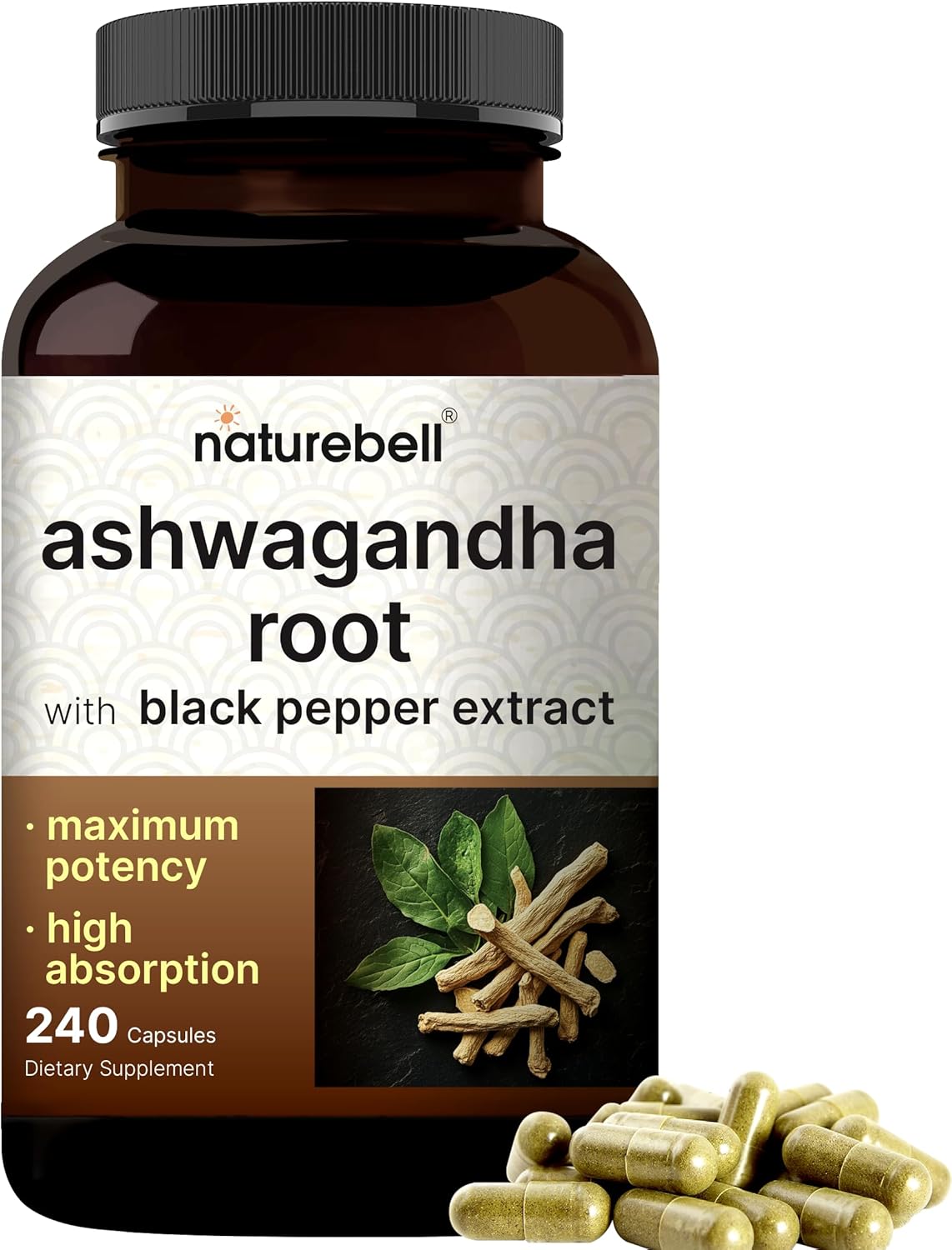 Ashwagandha 12.500 mg Equivalente con Pimienta Negra – 240 Cápsulas – NatureBell