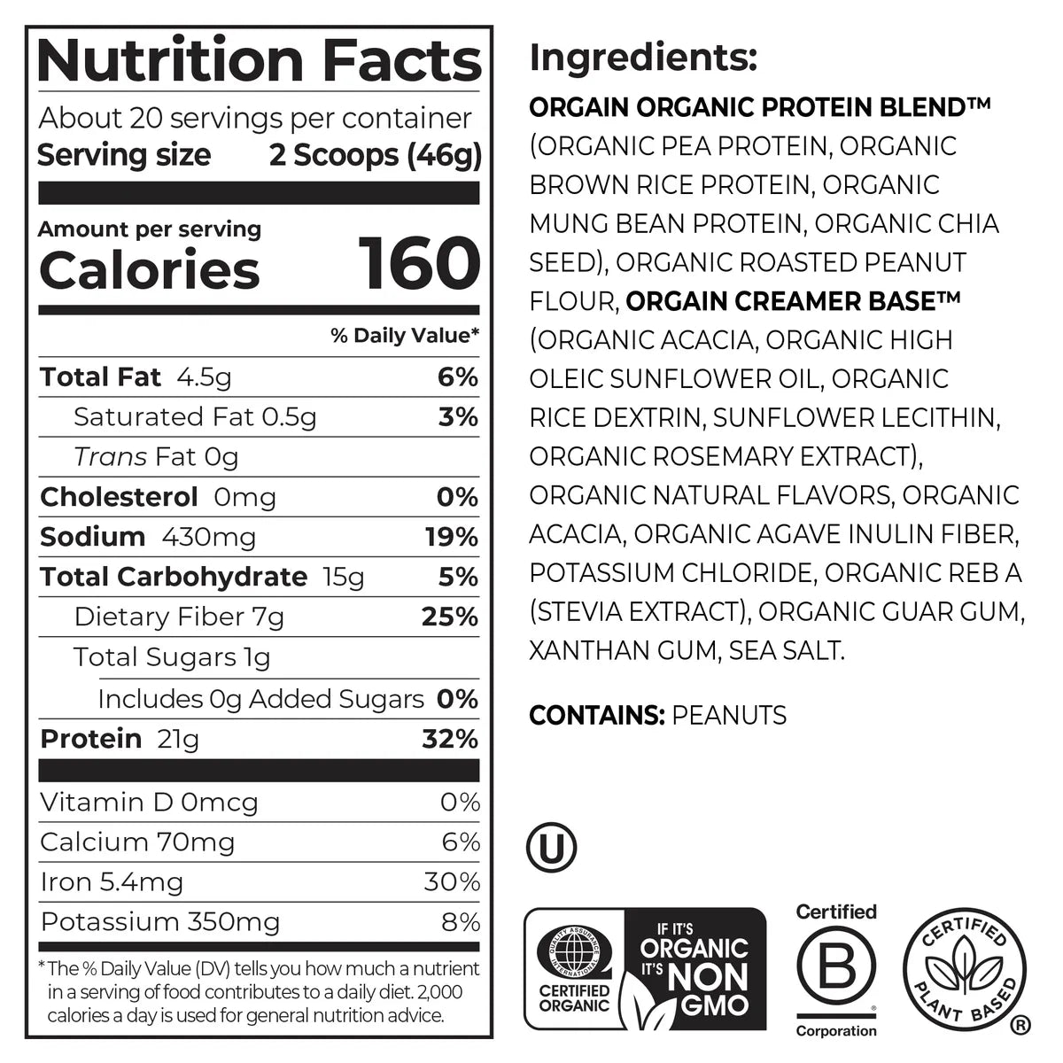 Proteína Vegetal Orgánica en Polvo Mantequilla de Maní - Orgain