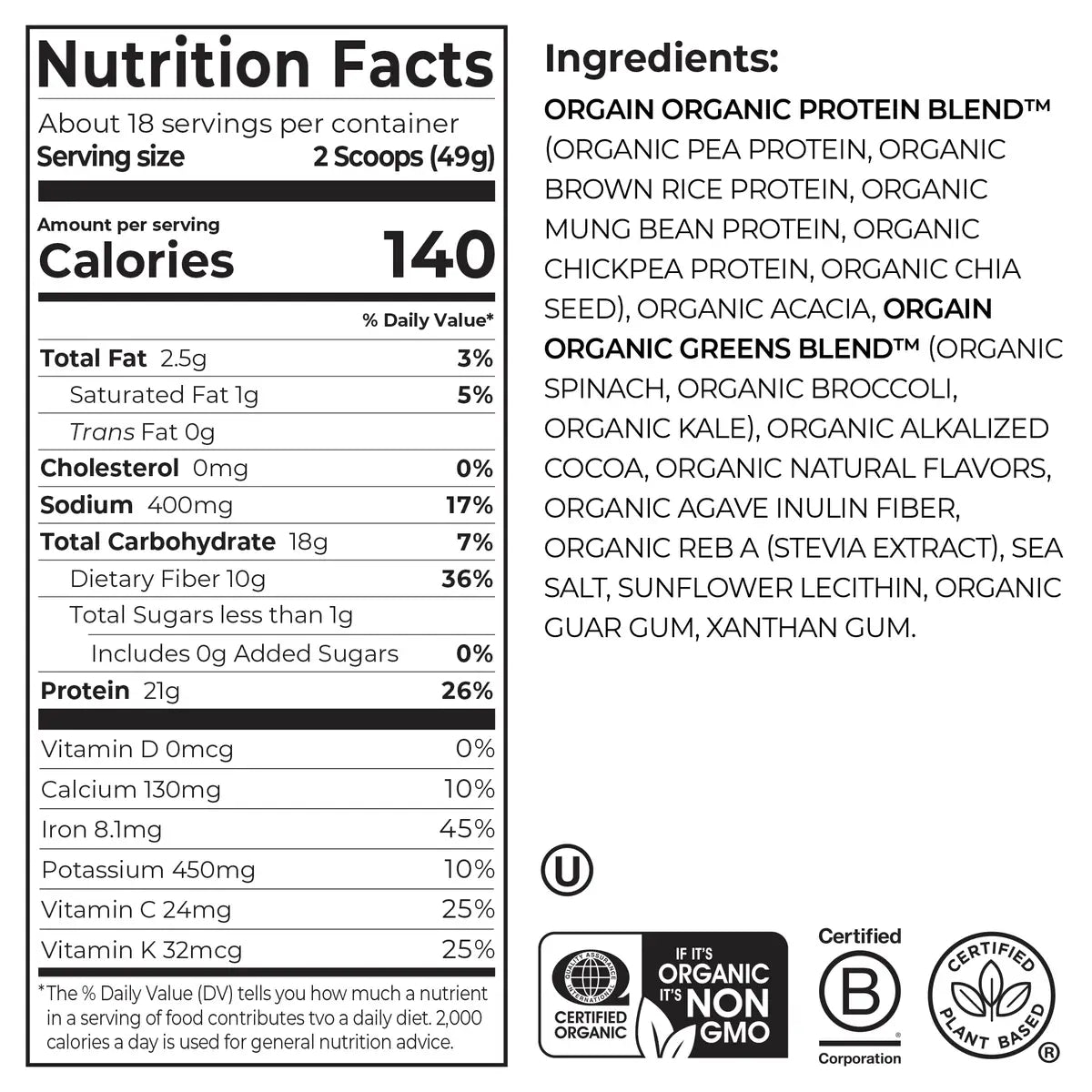 Proteína Vegetal Orgánica y Verdes en Polvo Chocolate Fudge Cremoso - Orgain