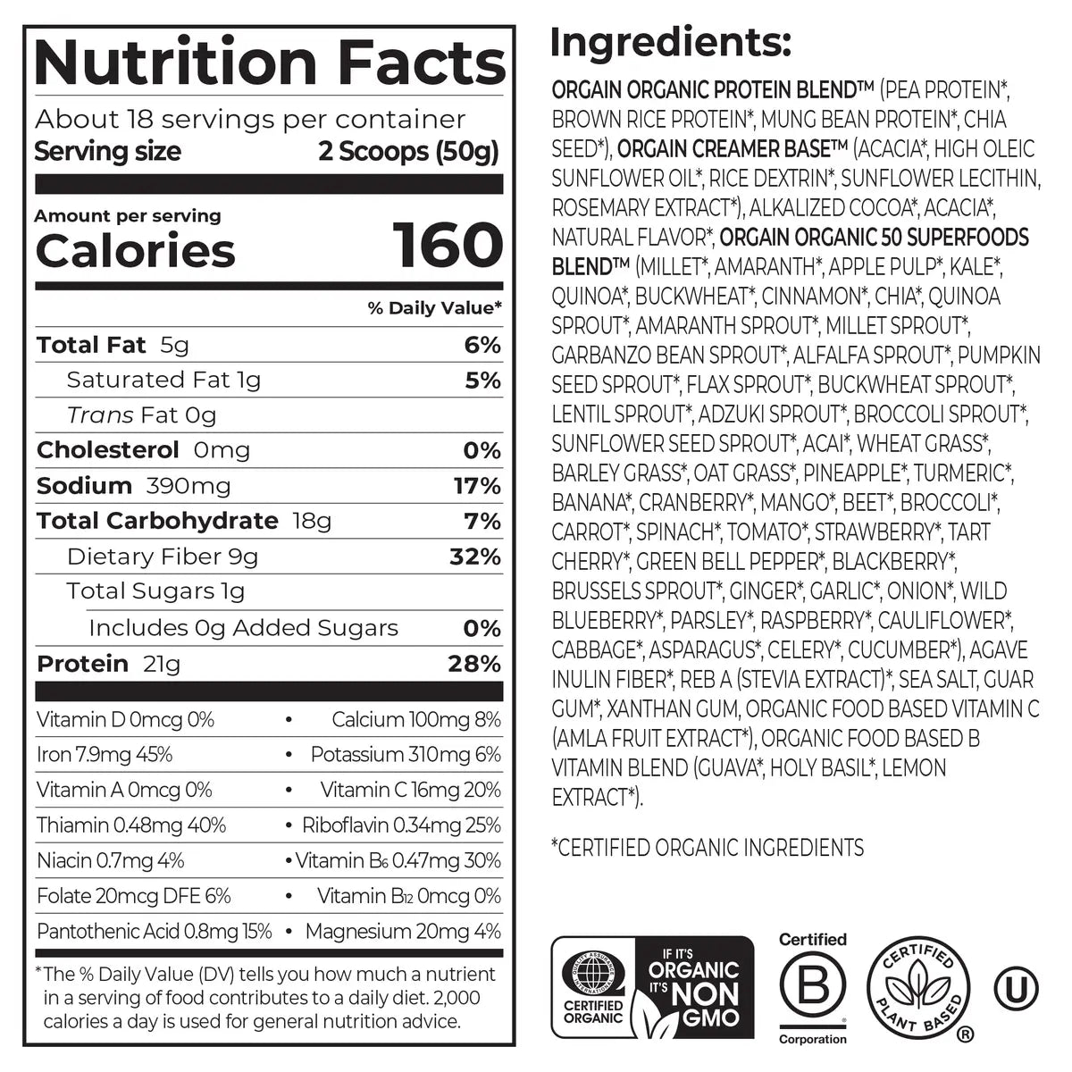 Proteína Vegetal Orgánica y Superalimentos en Polvo Chocolate Fudge Cremoso - Orgain