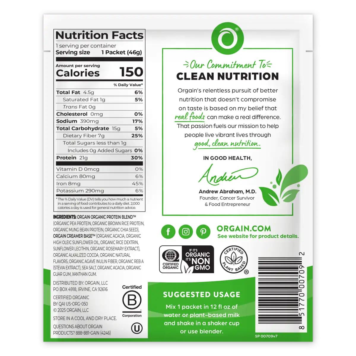 Proteína Vegetal Orgánica en Polvo Chocolate Fudge Cremoso - Orgain