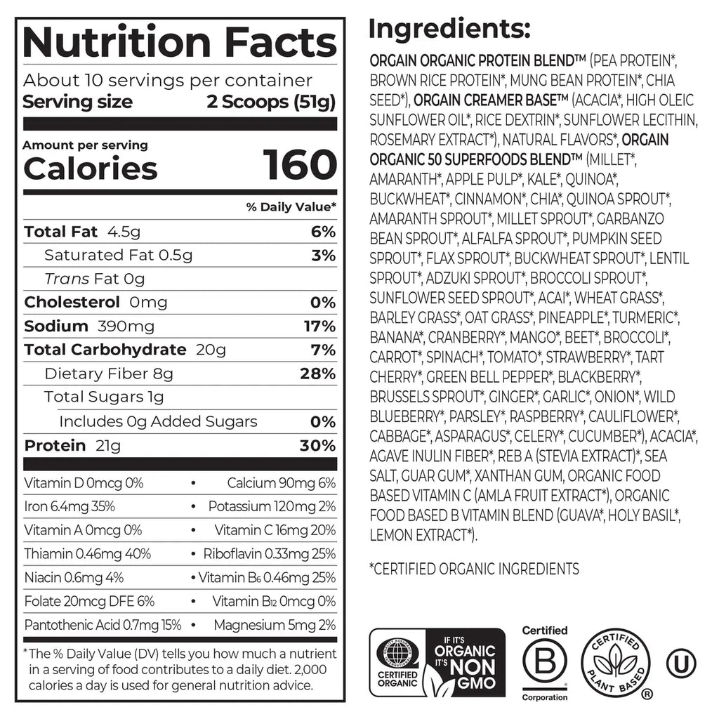 Proteína Vegetal Orgánica y Superalimentos en Polvo Vainilla - Orgain