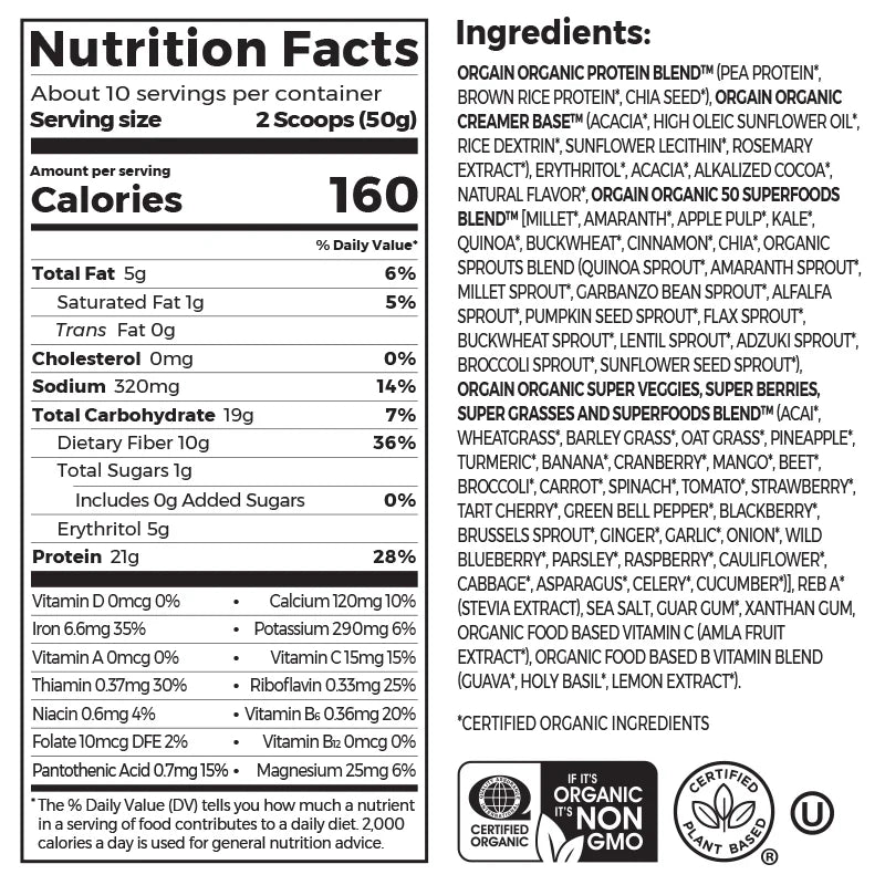 Proteína Vegetal Orgánica y Superalimentos en Polvo Chocolate Fudge Cremoso - Orgain