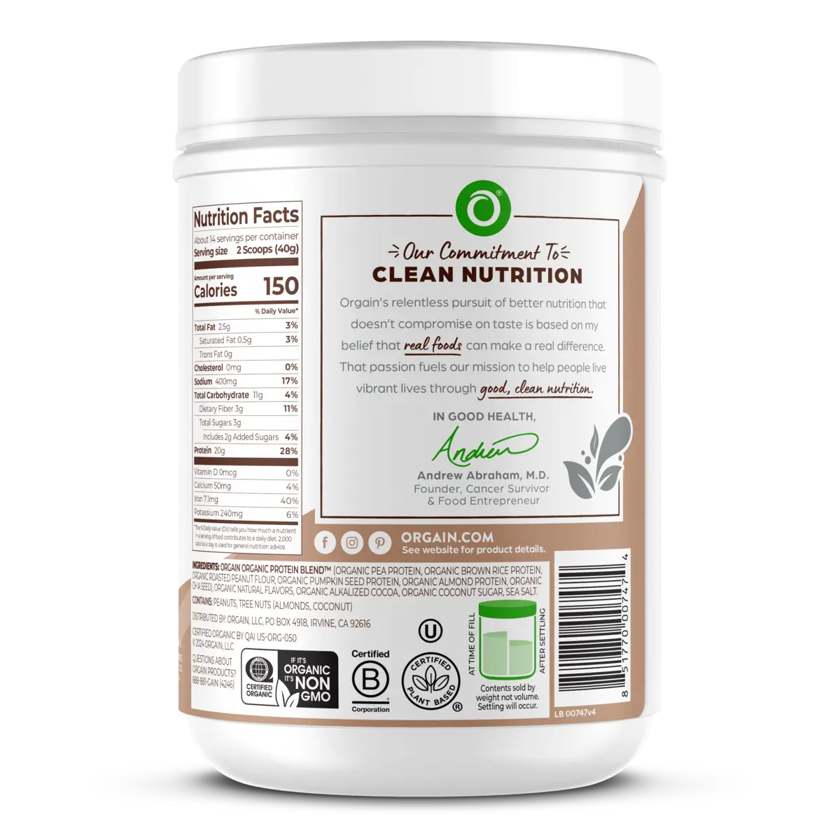 Proteína Vegetal Orgánica Simple Chocolate Cremoso - Orgain
