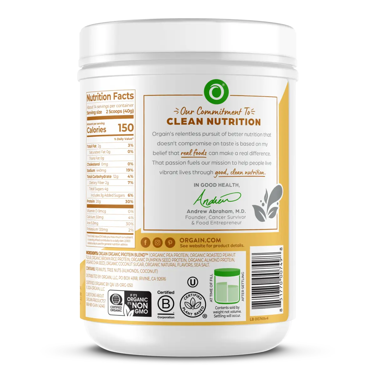Proteína Vegetal Orgánica Simple Mantequilla de Maní - Orgain