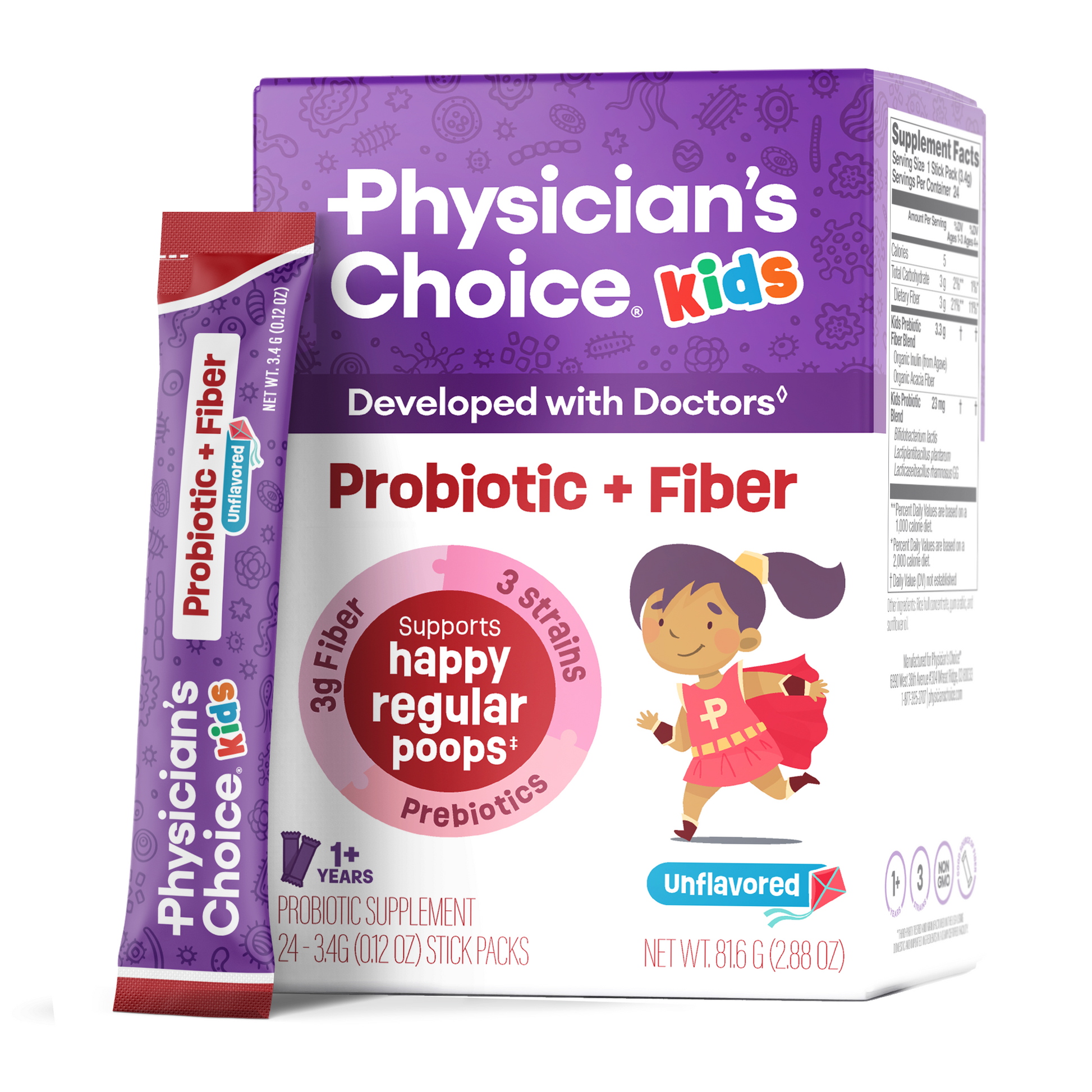 Sobres de Probiótico + Prebiótico y Fibra para Niños - Sin Sabor - Physician's Choice