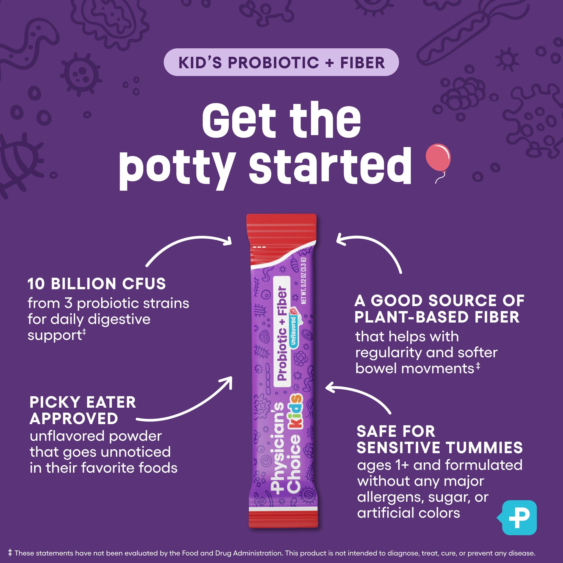 Sobres de Probiótico + Prebiótico y Fibra para Niños - Sin Sabor - Physician's Choice