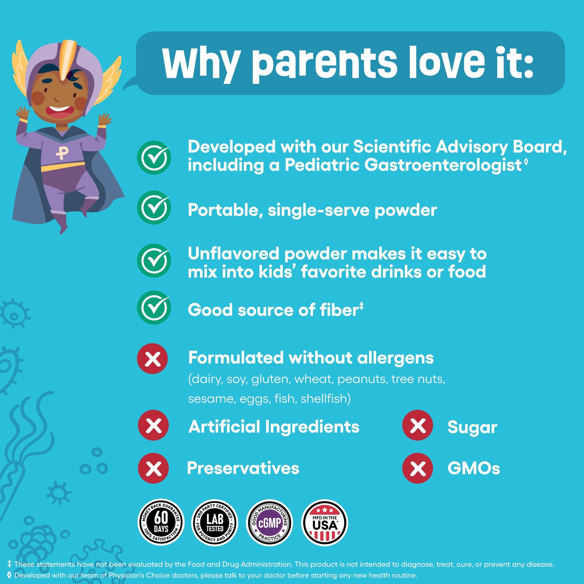 Sobres de Probiótico + Prebiótico y Fibra para Niños - Sin Sabor - Physician's Choice