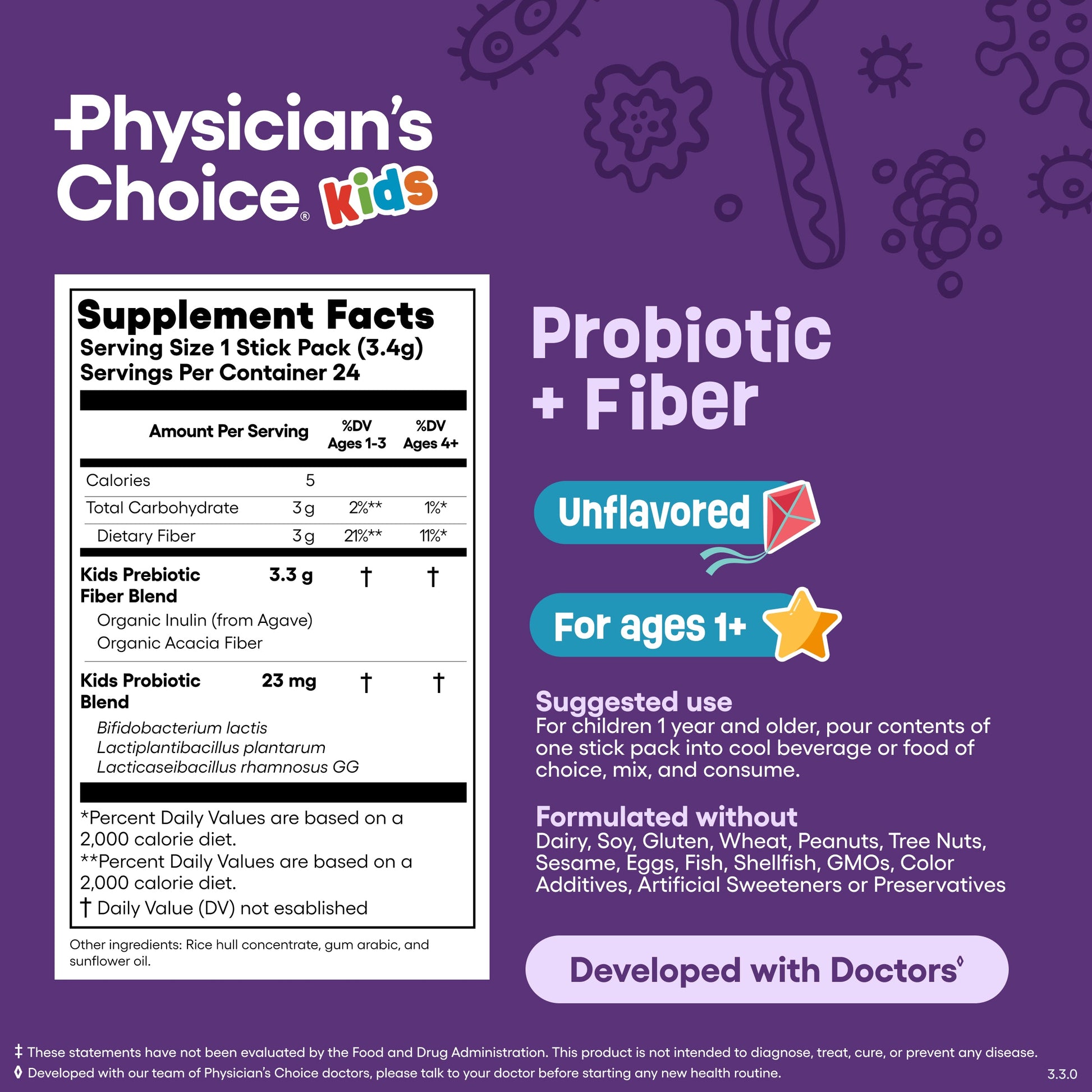 Sobres de Probiótico + Prebiótico y Fibra para Niños - Sin Sabor - Physician's Choice