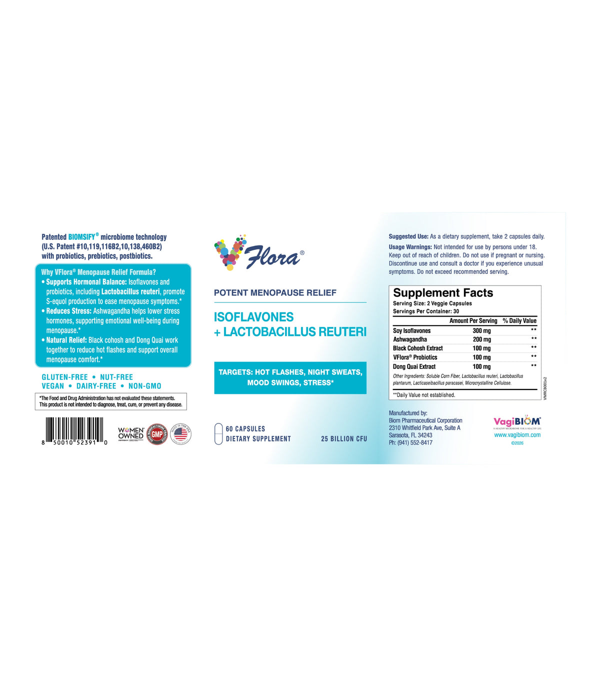 VFlora Alivio de la Menopausia con Isoflavonas y Probióticos - VagiBiom