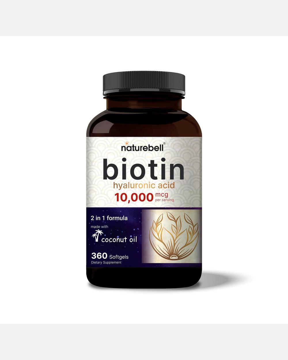 Biotina 10.000 mcg + Ácido Hialurónico 25 mg – 360 Cápsulas Blandas en Aceite de Coco – NatureBell