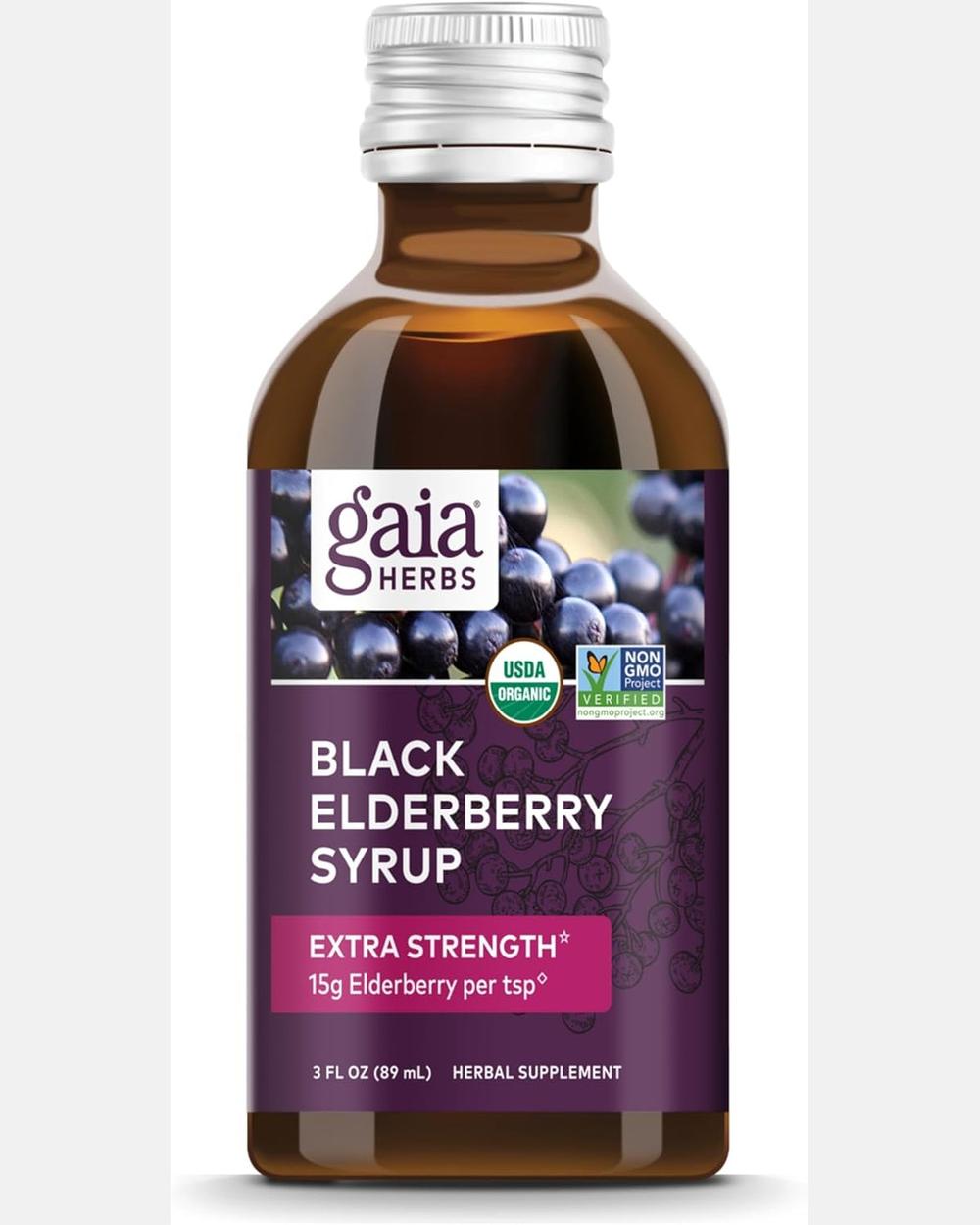 Black Elderberry (Sambucus Nigra) Syrup Extra Strength – Suplemento de Inmunidad – Orgánico, USDA Certified – 3 Fl Oz (89 ml) – Gaia Herbs