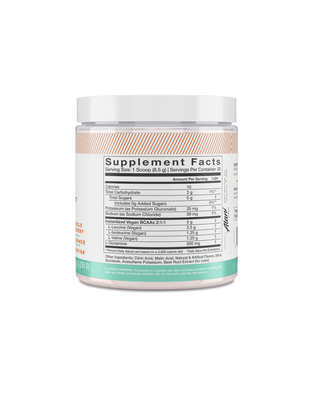 A back view of BCAA in Hawaiian Shaved Ice flavor highlighting supplement facts.