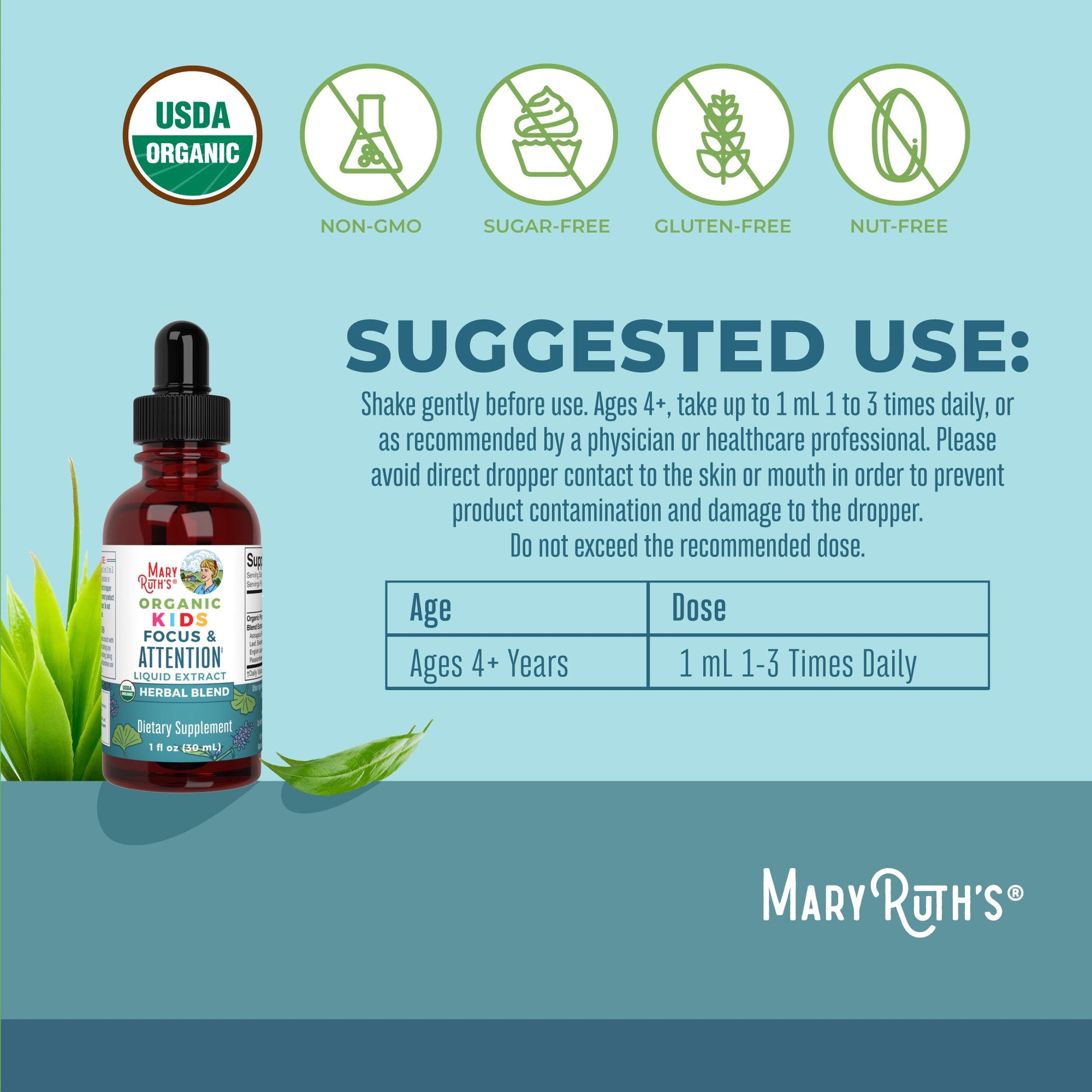 Gotas Líquidas Orgánicas de Enfoque y Atención para Niños - MaryRuth Organics