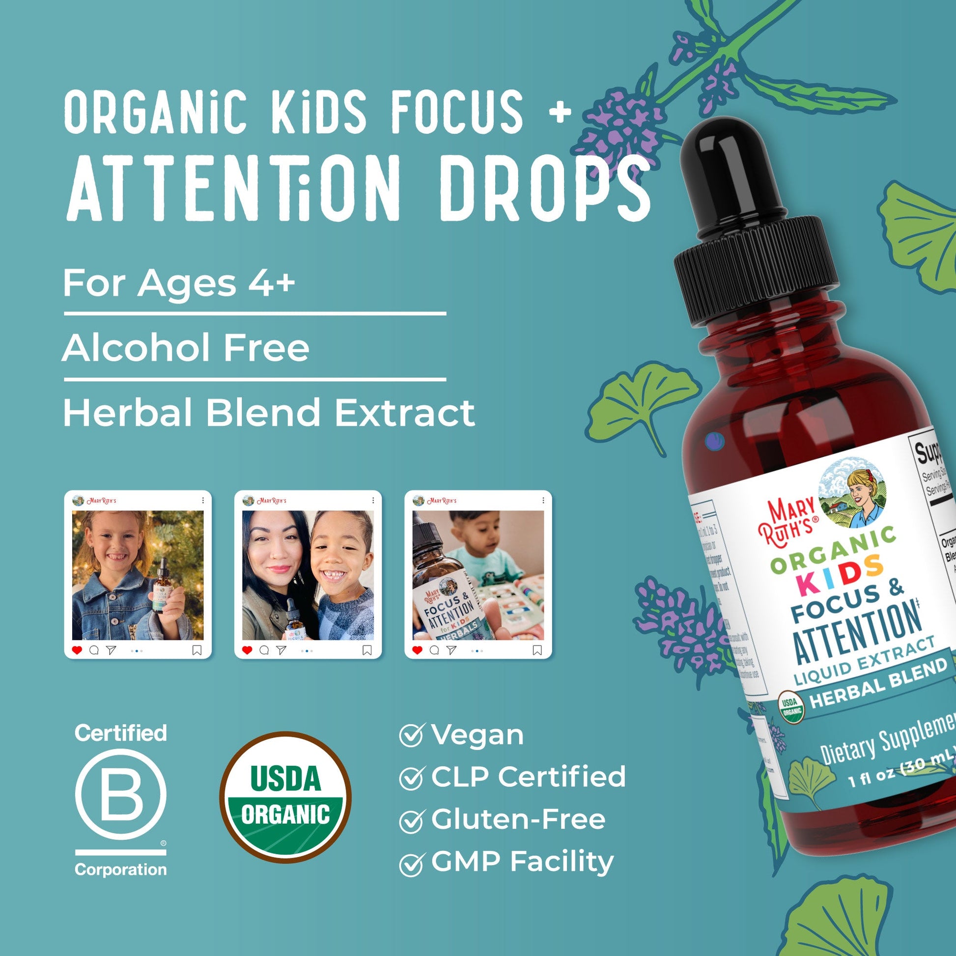 Gotas Líquidas Orgánicas de Enfoque y Atención para Niños - MaryRuth Organics