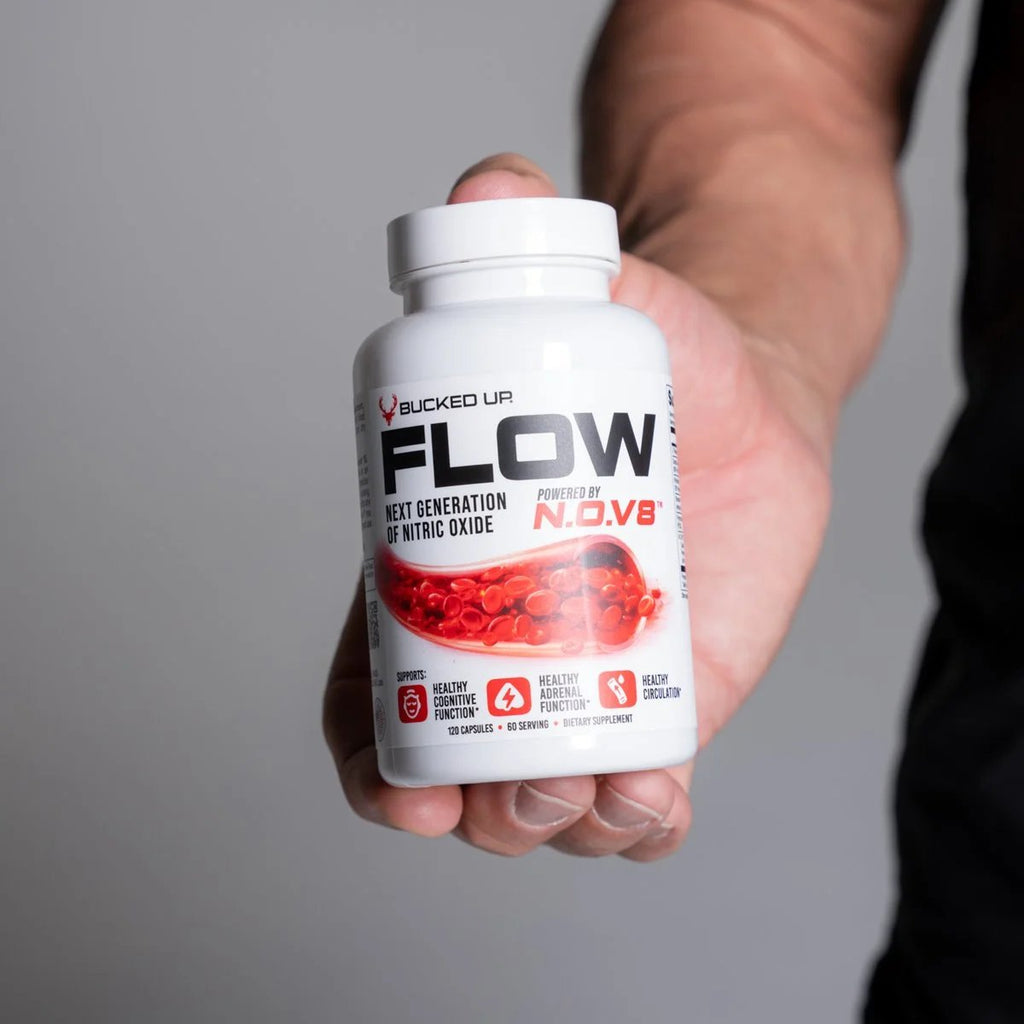 FLOW Nitric Oxide + Adrenal Support Supplement in Hand