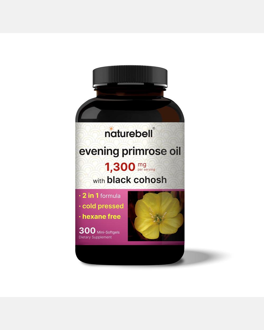 Aceite de Onagra con Cohosh Negro 1300 mg por porción – 300 Mini Cápsulas Blandas – NatureBell
